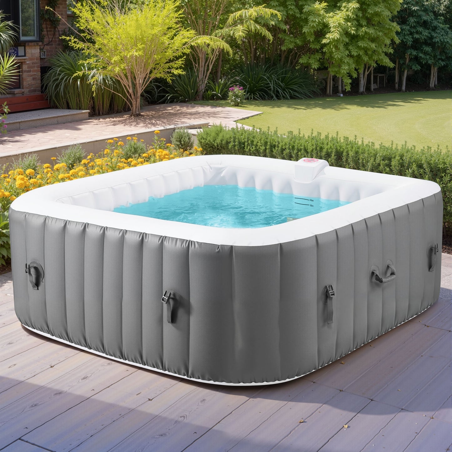 73 inch 4-6 Person Inflatable Hot Tub Spa with Control Panel, Outdoor Portable Hottub with 130 Jets, Insulated Tub Cover and Floor Protector, Temperature up to 104°F, Gray