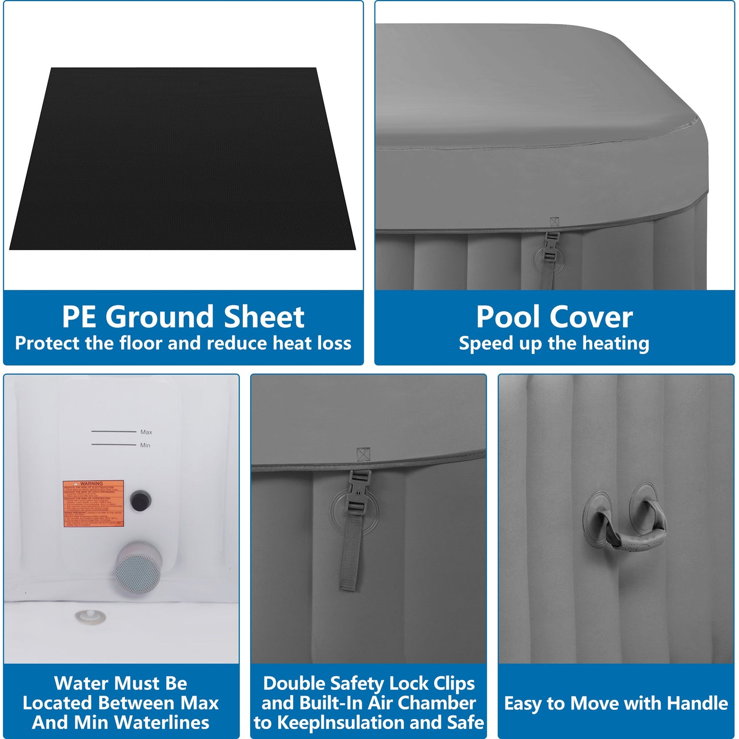 73 inch 4-6 Person Inflatable Hot Tub Spa with Control Panel, Outdoor Portable Hottub with 130 Jets, Insulated Tub Cover and Floor Protector, Temperature up to 104°F, Gray