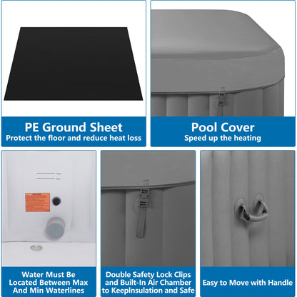 73 inch 4-6 Person Inflatable Hot Tub Spa with Control Panel, Outdoor Portable Hottub with 130 Jets, Insulated Tub Cover and Floor Protector, Temperature up to 104°F, Gray