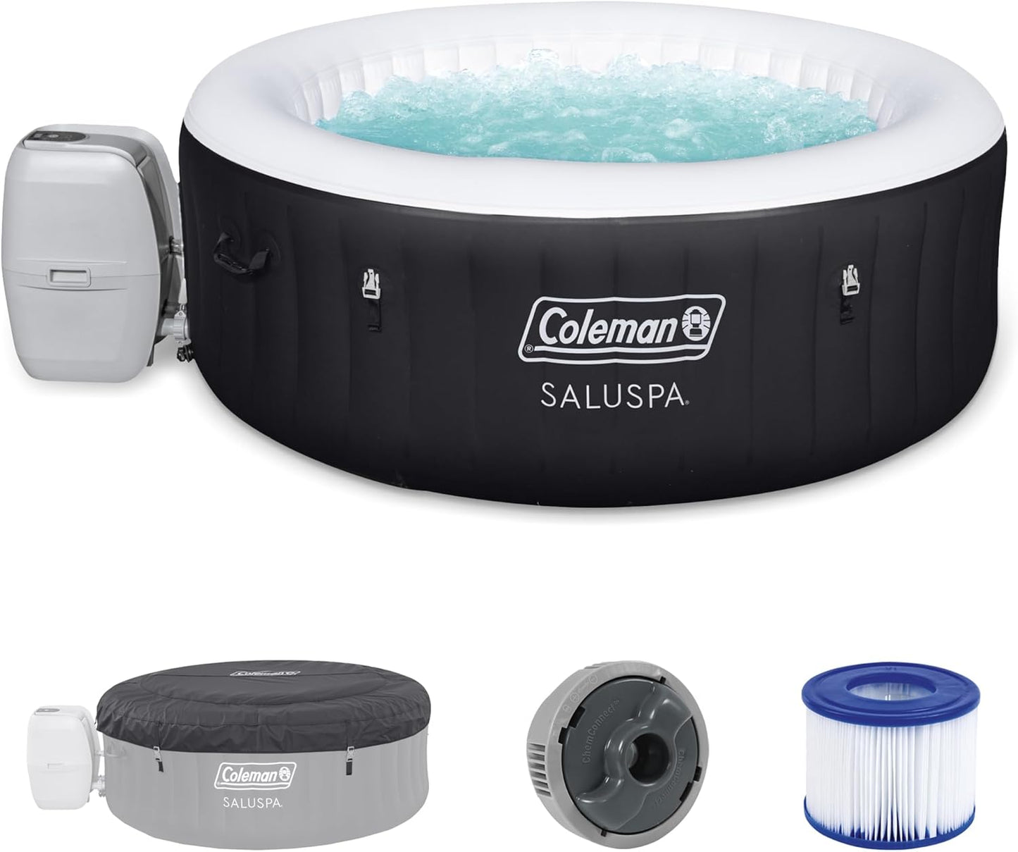 Coleman SaluSpa Miami AirJet 2 to 4 Person Round Inflatable Hot Tub Portable Outdoor Spa with 120 Soothing AirJets and Insulated Cover, Black