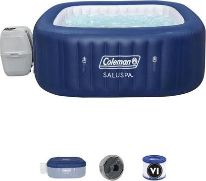 Coleman Atlantis AirJet Large Square 4 to 6 Person Inflatable Hot Tub Portable Outdoor Spa with 140 AirJets and EnergySense Cover, Blue