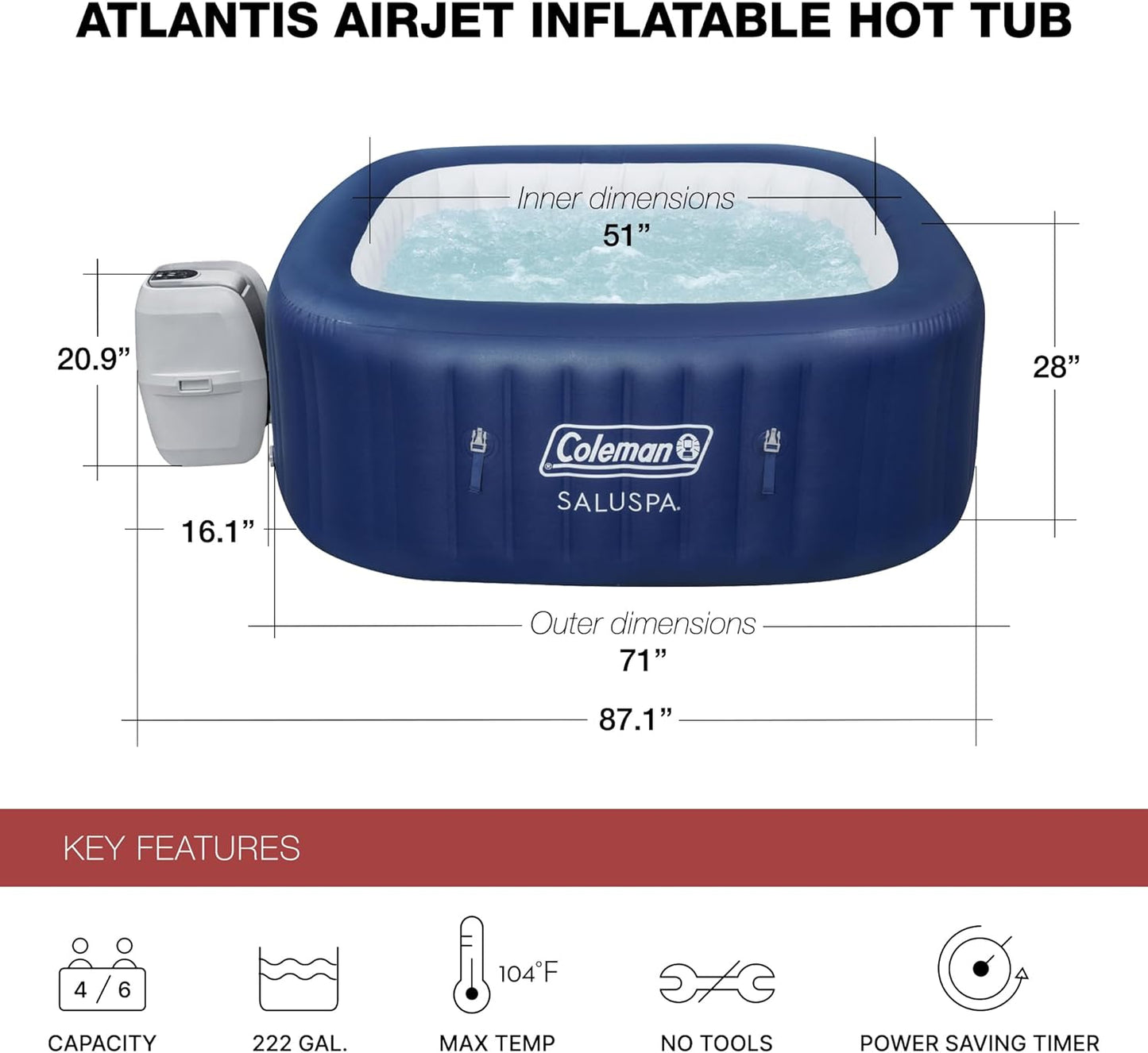 Coleman Atlantis AirJet Large Square 4 to 6 Person Inflatable Hot Tub Portable Outdoor Spa with 140 AirJets and EnergySense Cover, Blue