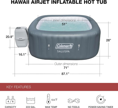 Coleman Atlantis AirJet Large Square 4 to 6 Person Inflatable Hot Tub Portable Outdoor Spa with 140 AirJets and EnergySense Cover, Blue