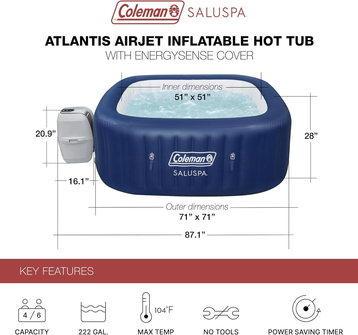 Coleman Atlantis AirJet Large Square 4 to 6 Person Inflatable Hot Tub Portable Outdoor Spa with 140 AirJets and EnergySense Cover, Blue