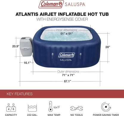Coleman Atlantis AirJet Large Square 4 to 6 Person Inflatable Hot Tub Portable Outdoor Spa with 140 AirJets and EnergySense Cover, Blue