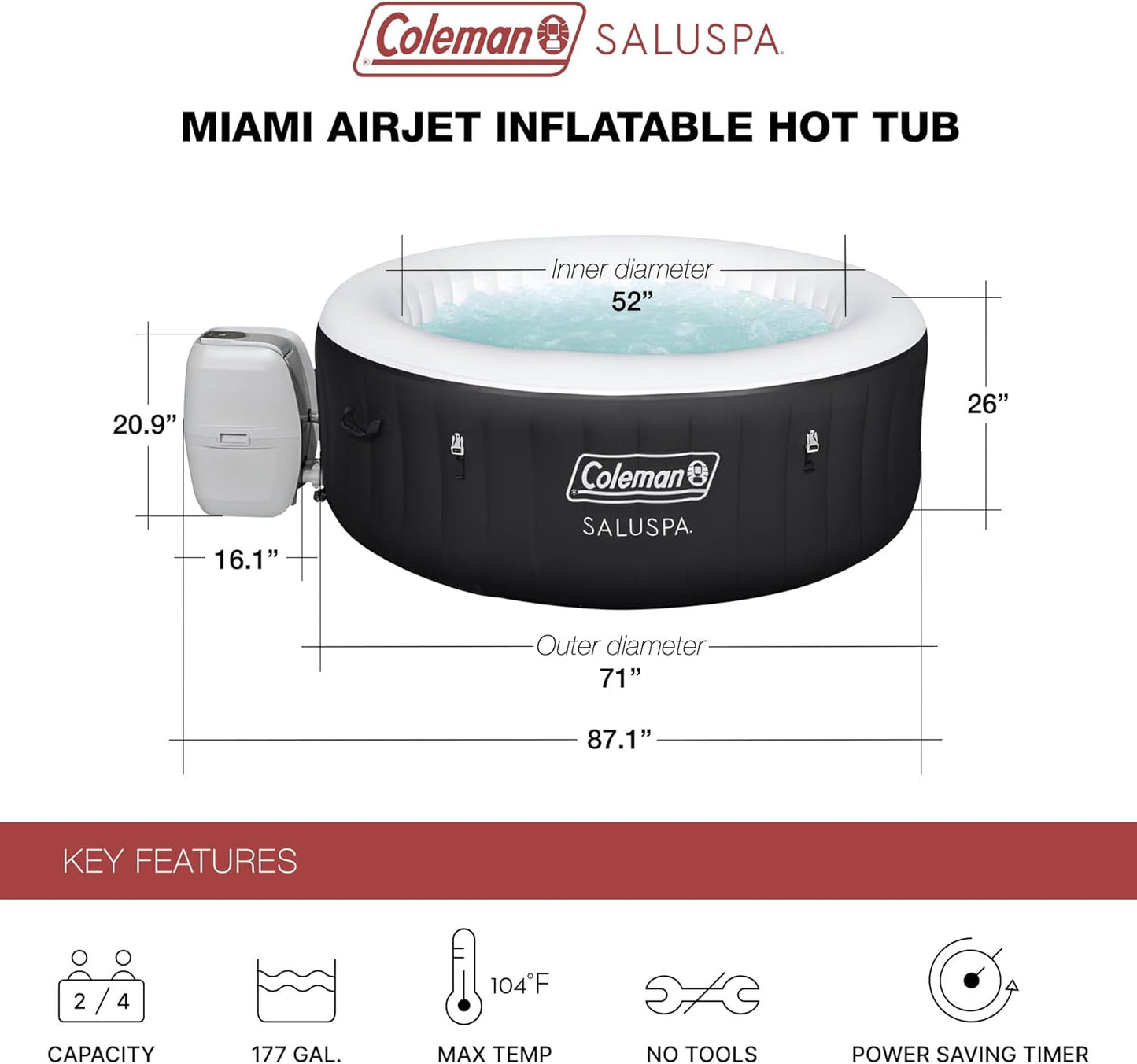Coleman SaluSpa Miami AirJet 2 to 4 Person Round Inflatable Hot Tub Portable Outdoor Spa with 120 Soothing AirJets and Insulated Cover, Black