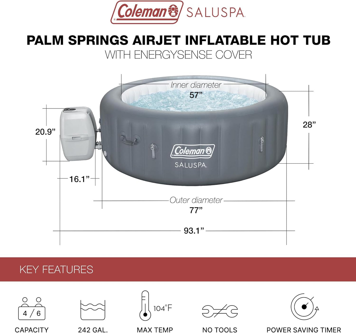 Bestway Coleman Palm Springs 4 to 6 Person EnergySense Smart AirJet Plus Inflatable Hot Tub Outdoor Spa with 140 AirJets and Insulated Cover
