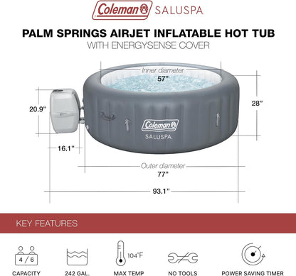 Coleman Tahiti EnergySense AirJet Inflatable Hot Tub Spa (71" x 26") | Portable Hot Tub with 2 Covers (1 Energy-Efficient Thermal Cover and 1 Standard Cover) | Fits Up to 2-4 Persons | Grey