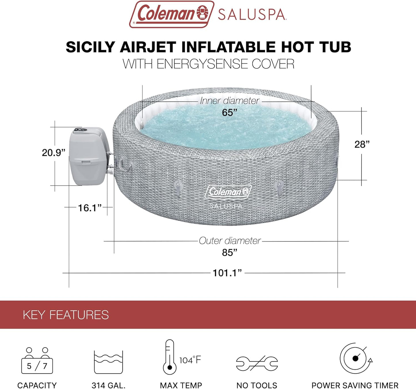 Coleman SaluSpa AirJet 7 Person Inflatable Hot Tub Round Portable Outdoor Spa with 180 Soothing AirJets and Insulated Cover, Gray, Sicily (Standard)