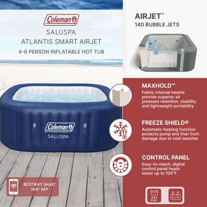 Coleman SaluSpa AirJet 4 to 6 Person Inflatable Hot Tub Square Portable Outdoor Spa with 140 Soothing AirJets and Insulated Cover, Gray
