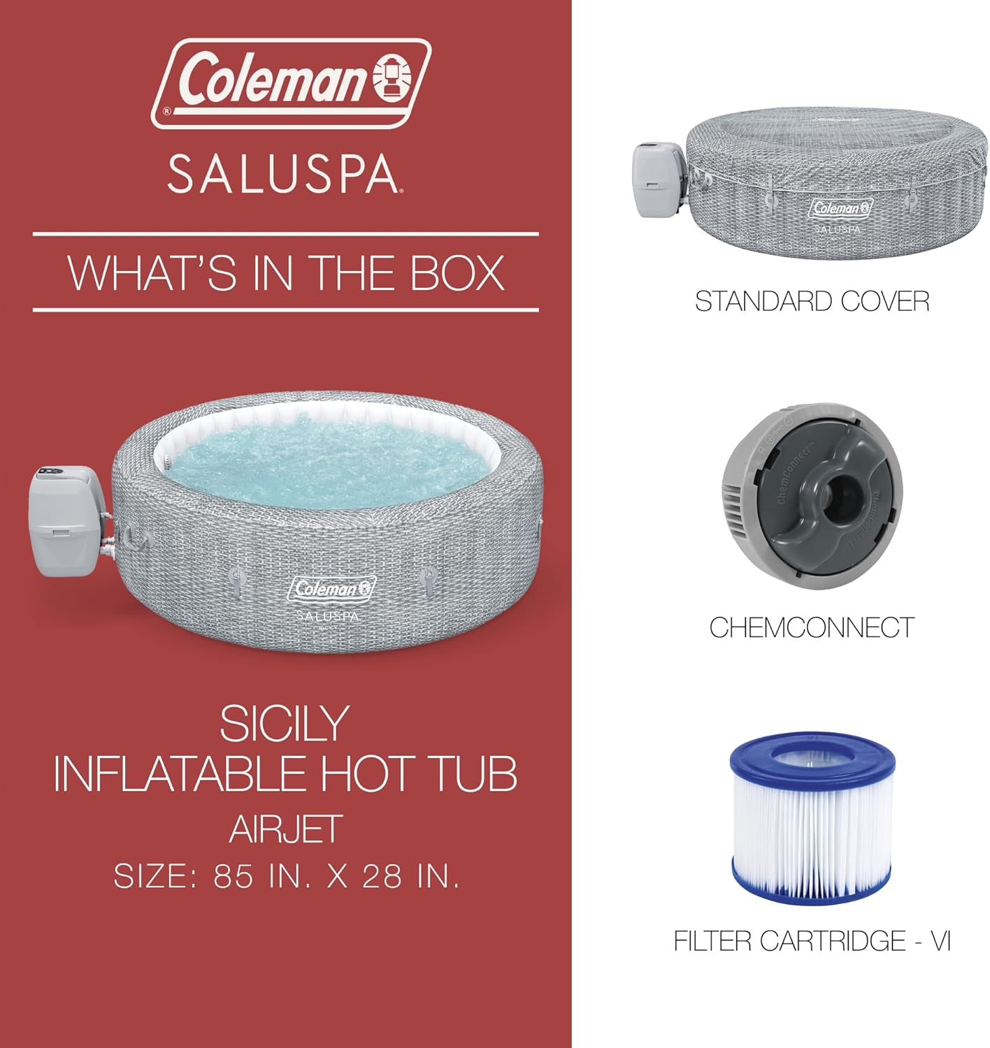 Coleman SaluSpa AirJet 7 Person Inflatable Hot Tub Round Portable Outdoor Spa with 180 Soothing AirJets and Insulated Cover, Gray, Sicily (Standard)