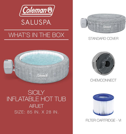 Coleman SaluSpa AirJet 7 Person Inflatable Hot Tub Round Portable Outdoor Spa with 180 Soothing AirJets and Insulated Cover, Gray, Sicily (Standard)