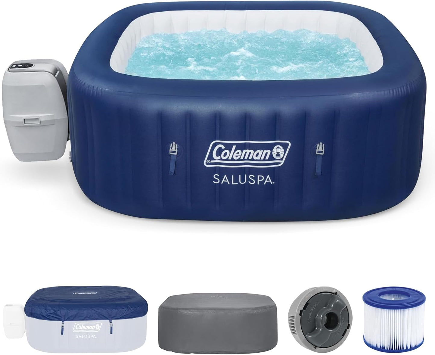 Coleman SaluSpa AirJet 4 to 6 Person Inflatable Hot Tub Square Portable Outdoor Spa with 140 Soothing AirJets and Insulated Cover, Gray