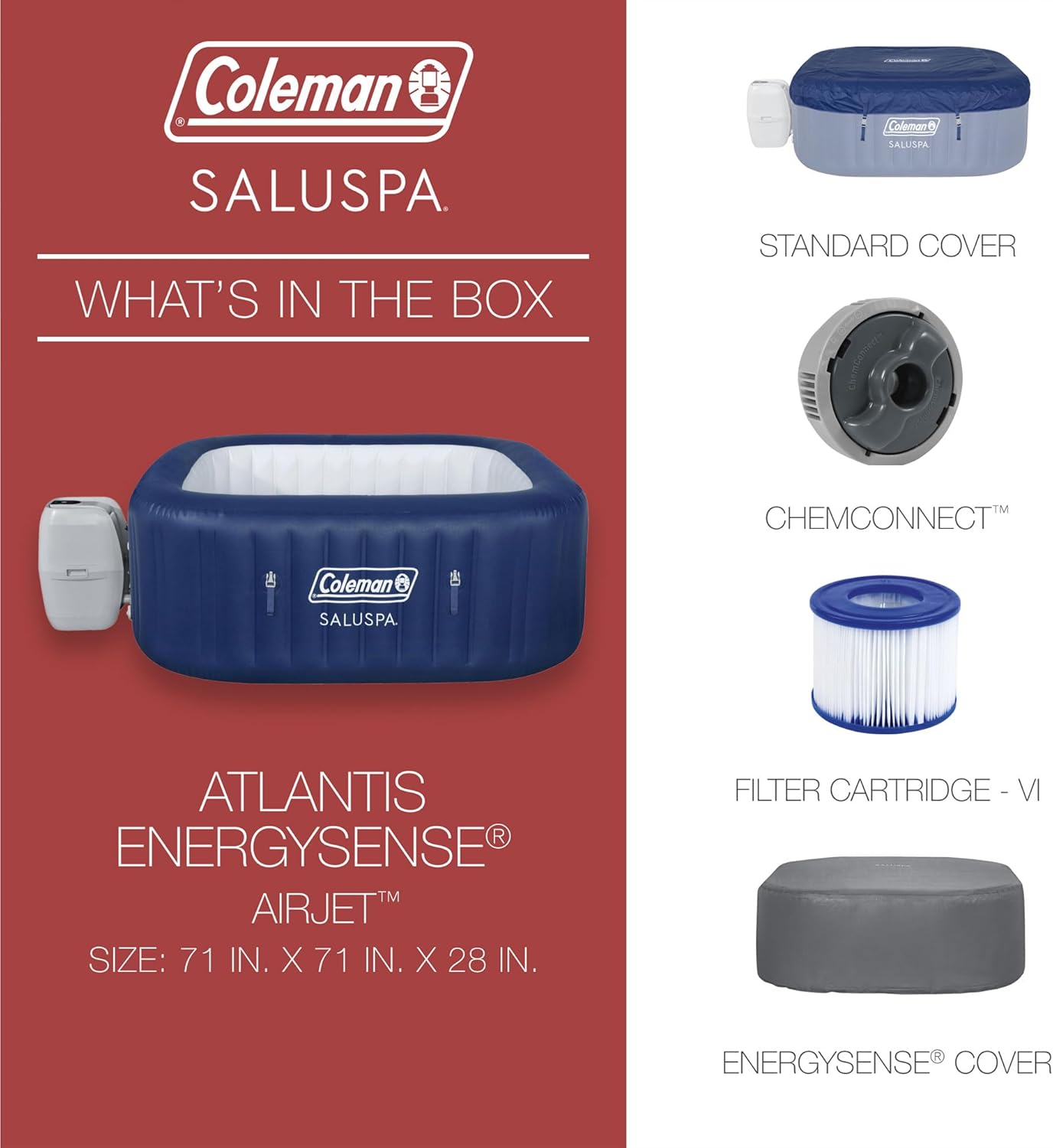Coleman Atlantis AirJet Large Square 4 to 6 Person Inflatable Hot Tub Portable Outdoor Spa with 140 AirJets and EnergySense Cover, Blue