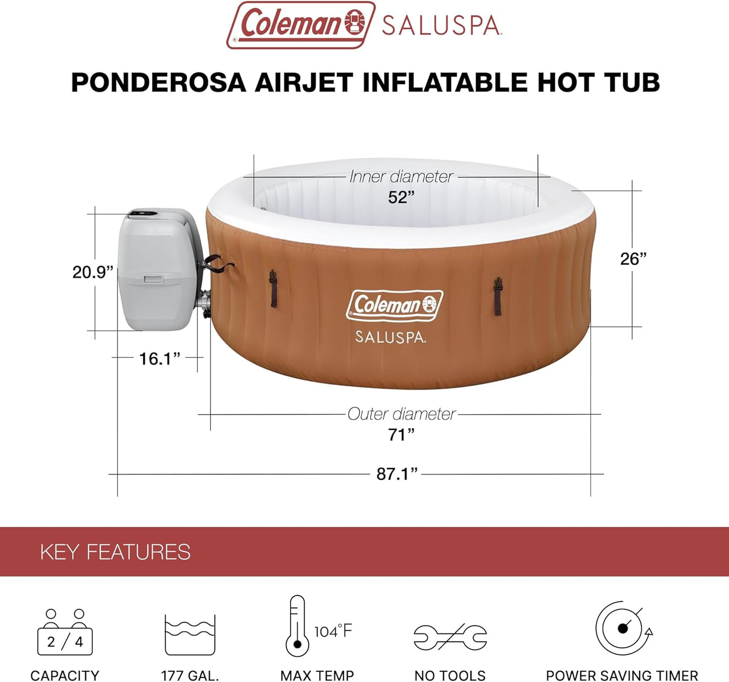 Coleman SaluSpa Miami AirJet 2 to 4 Person Round Inflatable Hot Tub Portable Outdoor Spa with 120 Soothing AirJets and Insulated Cover, Black