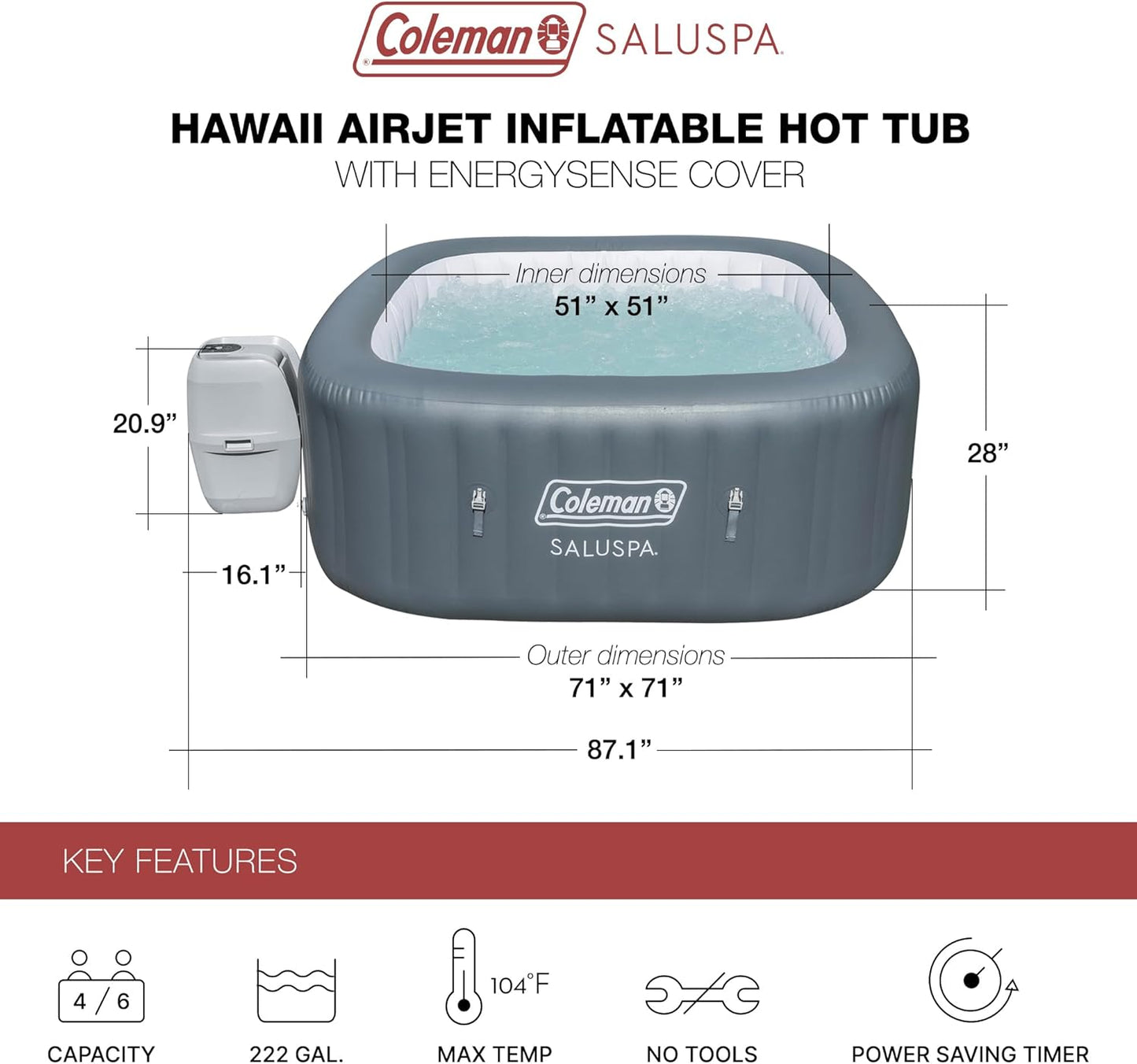 Coleman Atlantis AirJet Large Square 4 to 6 Person Inflatable Hot Tub Portable Outdoor Spa with 140 AirJets and EnergySense Cover, Blue