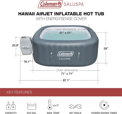 Coleman Atlantis AirJet Large Square 4 to 6 Person Inflatable Hot Tub Portable Outdoor Spa with 140 AirJets and EnergySense Cover, Blue