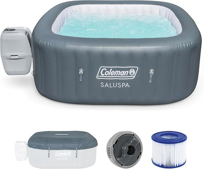 Coleman SaluSpa AirJet 4 to 6 Person Inflatable Hot Tub Square Portable Outdoor Spa with 140 Soothing AirJets and Insulated Cover, Gray