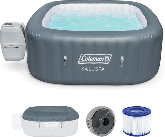 Coleman SaluSpa AirJet 4 to 6 Person Inflatable Hot Tub Square Portable Outdoor Spa with 140 Soothing AirJets and Insulated Cover, Gray