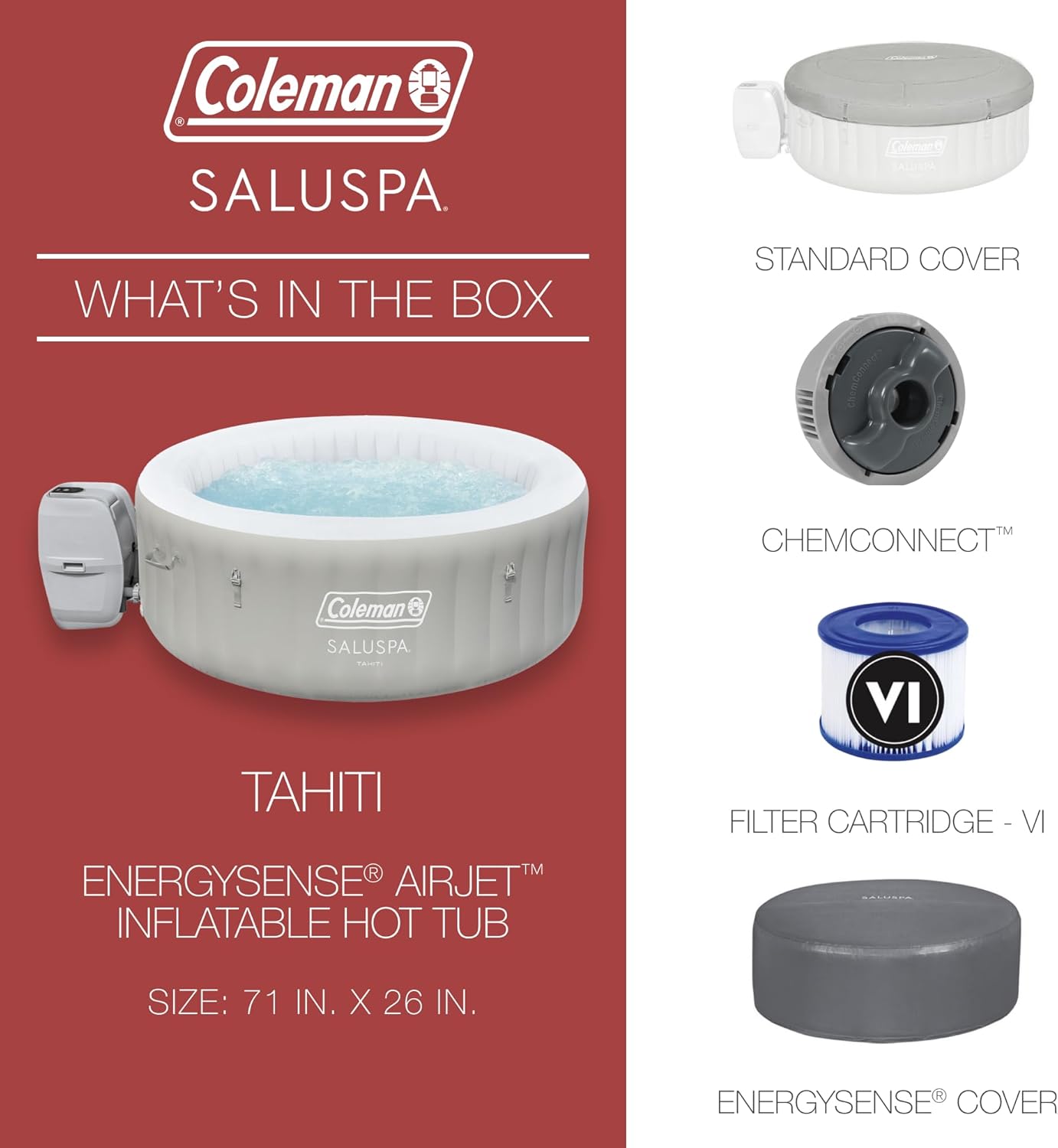 Coleman Tahiti EnergySense AirJet Inflatable Hot Tub Spa (71" x 26") | Portable Hot Tub with 2 Covers (1 Energy-Efficient Thermal Cover and 1 Standard Cover) | Fits Up to 2-4 Persons | Grey
