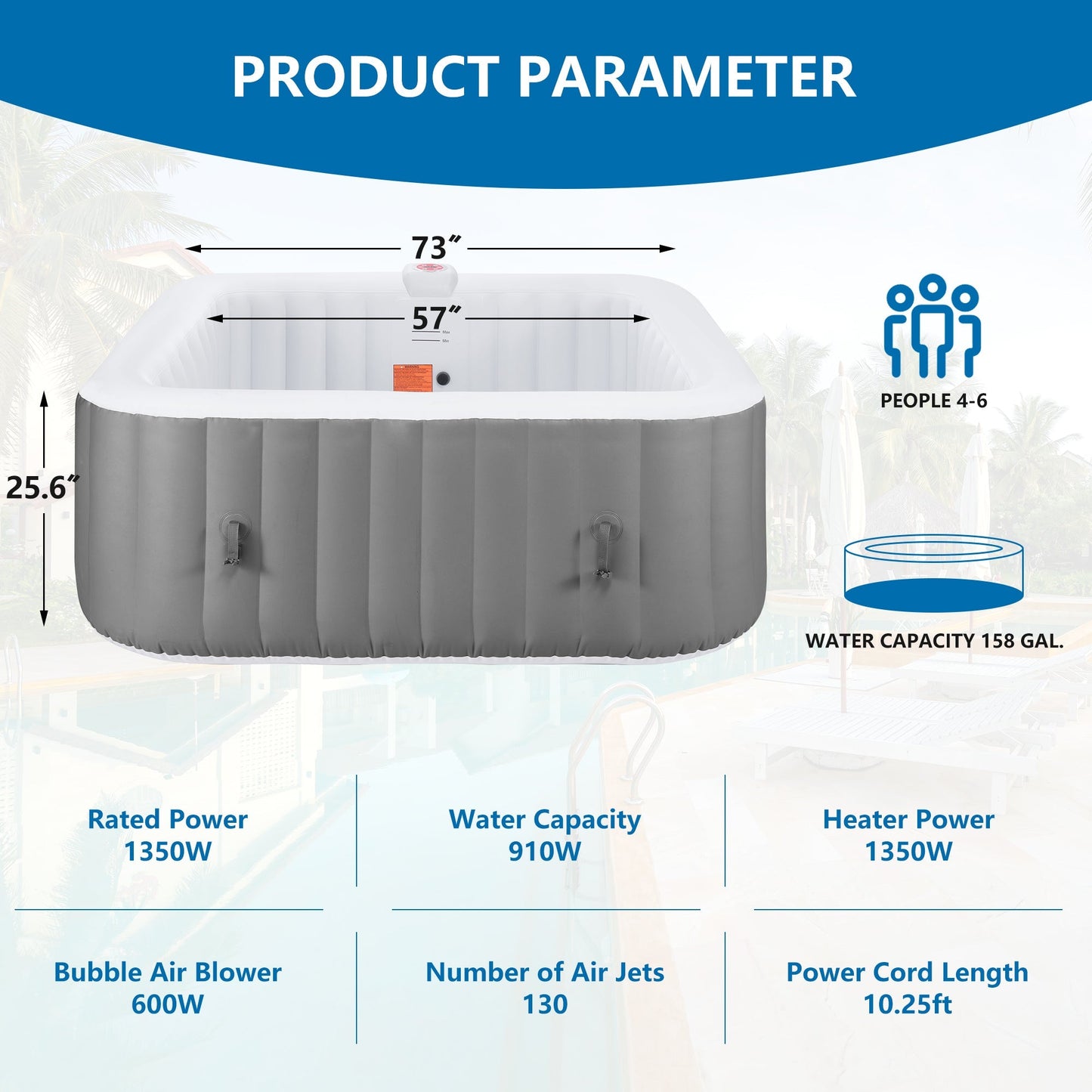 SEGMART 4-6 Person Inflatable Hot Tub Spa with 130 Jets, 73" Outdoor Spa Blow Up Hottub, Outdoor Portable Hottub with Insulated Cover, Floor Protector