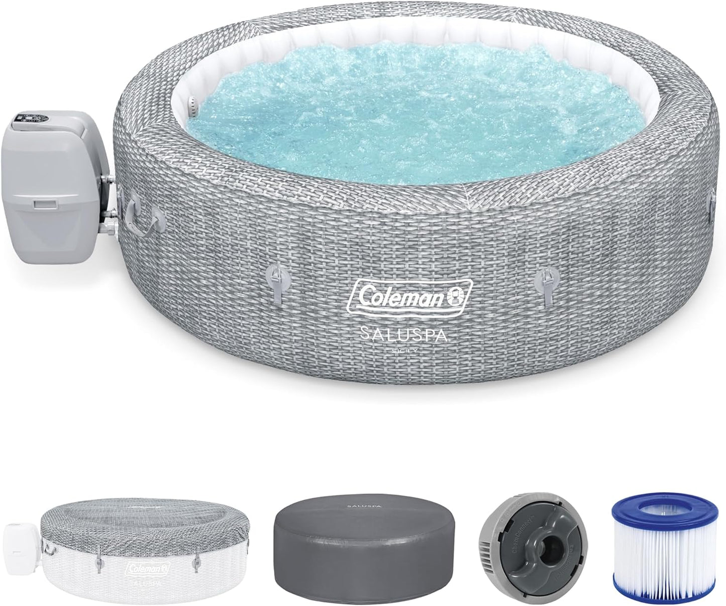 Coleman SaluSpa AirJet 7 Person Inflatable Hot Tub Round Portable Outdoor Spa with 180 Soothing AirJets and Insulated Cover, Gray, Sicily (Standard)