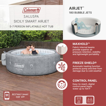 Coleman SaluSpa AirJet 7 Person Inflatable Hot Tub Round Portable Outdoor Spa with 180 Soothing AirJets and Insulated Cover, Gray, Sicily (Standard)