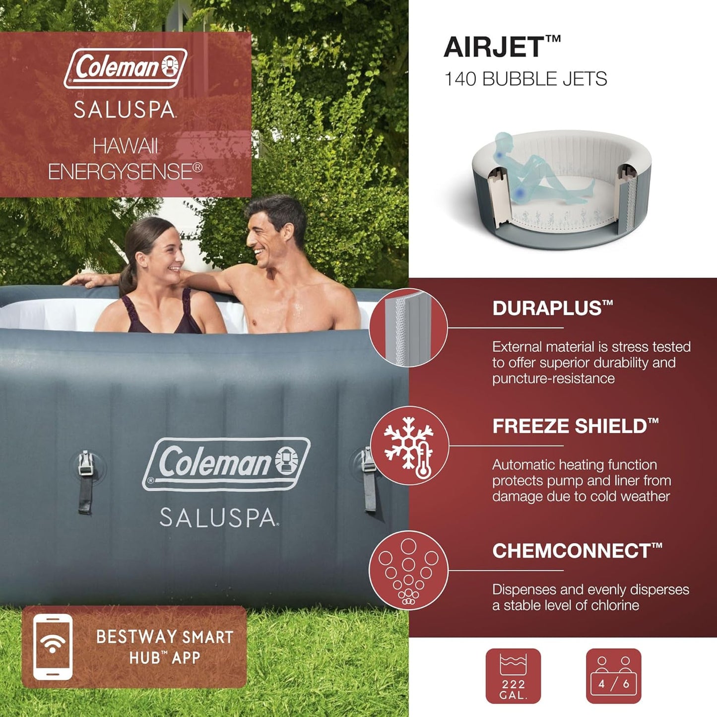 Coleman SaluSpa AirJet 4 to 6 Person Inflatable Hot Tub Square Portable Outdoor Spa with 140 Soothing AirJets and Insulated Cover, Gray