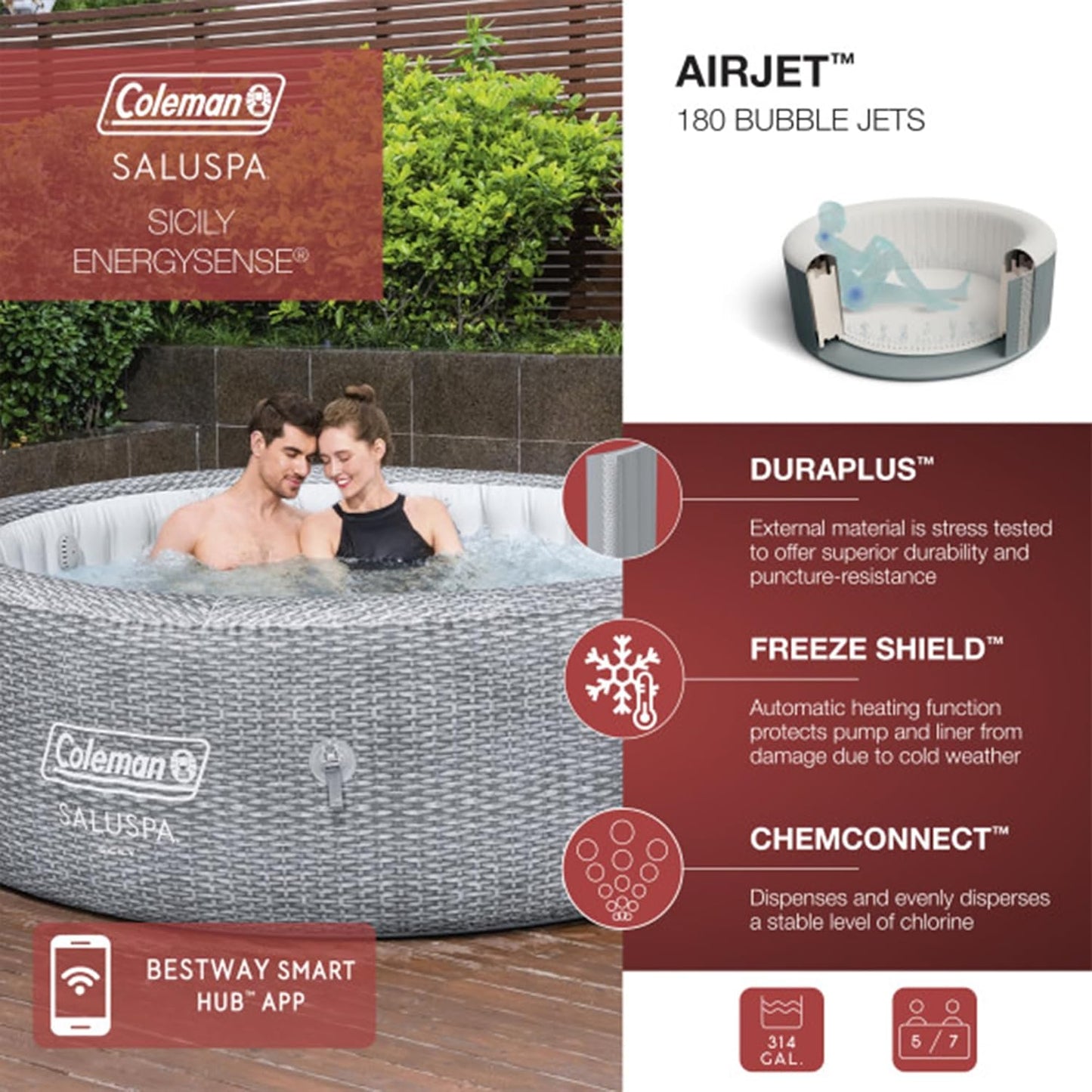 Coleman SaluSpa AirJet 7 Person Inflatable Hot Tub Round Portable Outdoor Spa with 180 Soothing AirJets and Insulated Cover, Gray, Sicily (Standard)