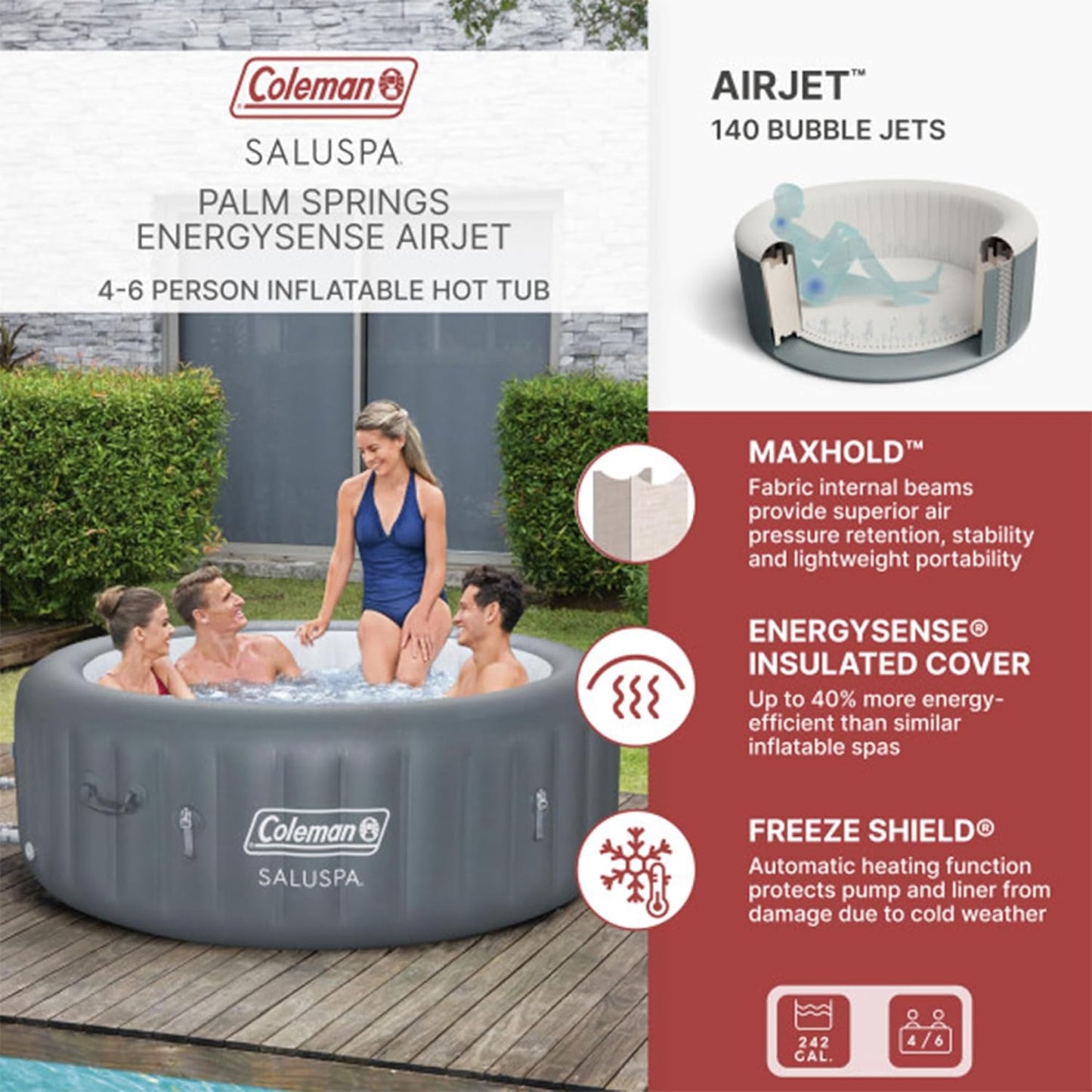 Coleman Tahiti EnergySense AirJet Inflatable Hot Tub Spa (71" x 26") | Portable Hot Tub with 2 Covers (1 Energy-Efficient Thermal Cover and 1 Standard Cover) | Fits Up to 2-4 Persons | Grey