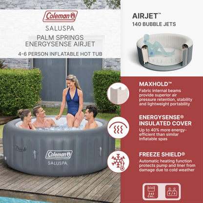 Coleman Tahiti EnergySense AirJet Inflatable Hot Tub Spa (71" x 26") | Portable Hot Tub with 2 Covers (1 Energy-Efficient Thermal Cover and 1 Standard Cover) | Fits Up to 2-4 Persons | Grey