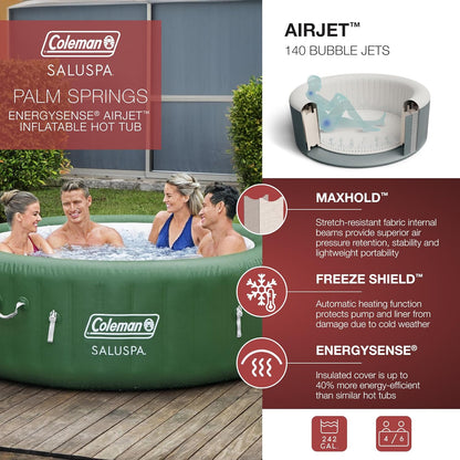 Bestway Coleman Palm Springs 4 to 6 Person EnergySense Smart AirJet Plus Inflatable Hot Tub Outdoor Spa with 140 AirJets and Insulated Cover