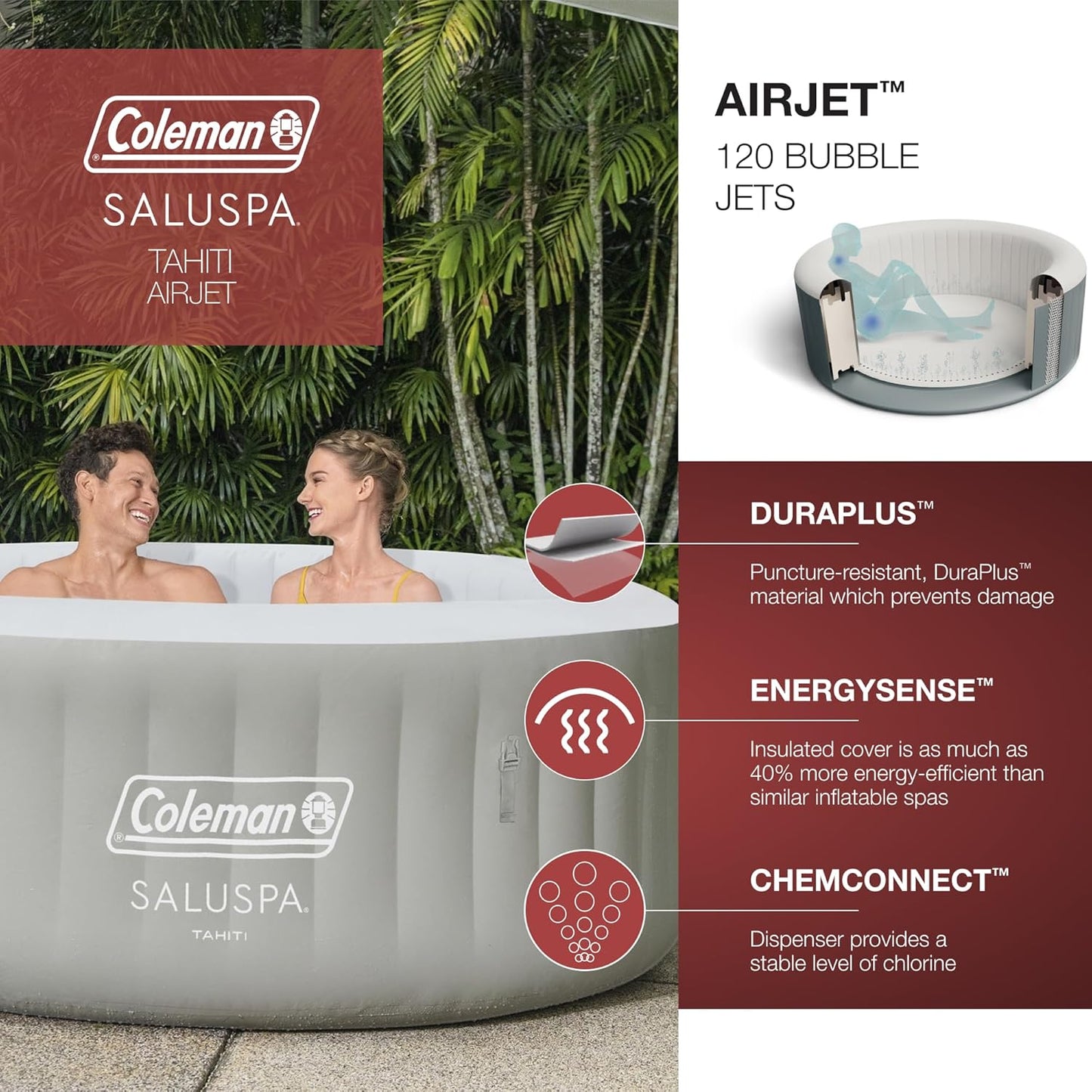 Coleman Tahiti EnergySense AirJet Inflatable Hot Tub Spa (71" x 26") | Portable Hot Tub with 2 Covers (1 Energy-Efficient Thermal Cover and 1 Standard Cover) | Fits Up to 2-4 Persons | Grey