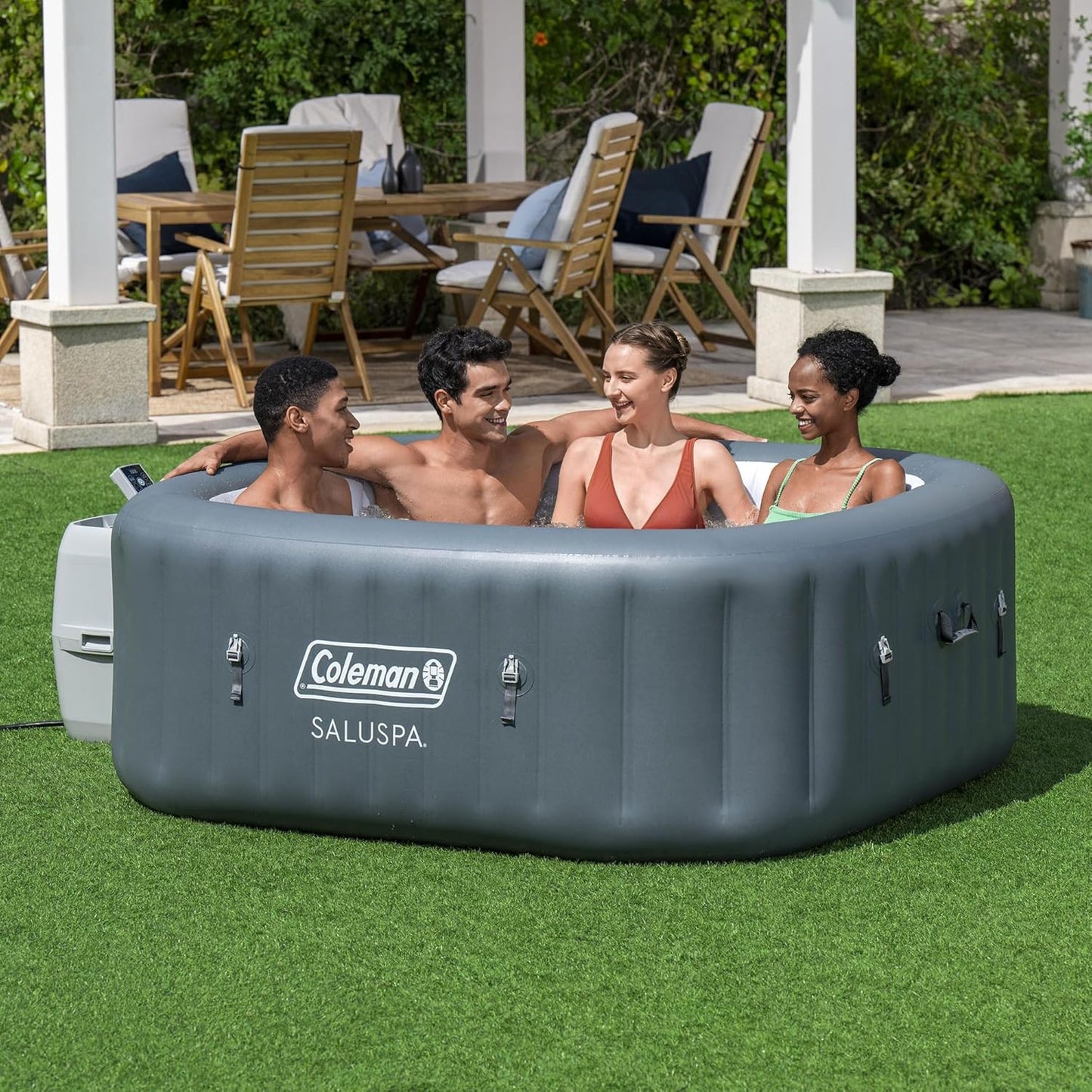 Coleman Atlantis AirJet Large Square 4 to 6 Person Inflatable Hot Tub Portable Outdoor Spa with 140 AirJets and EnergySense Cover, Blue