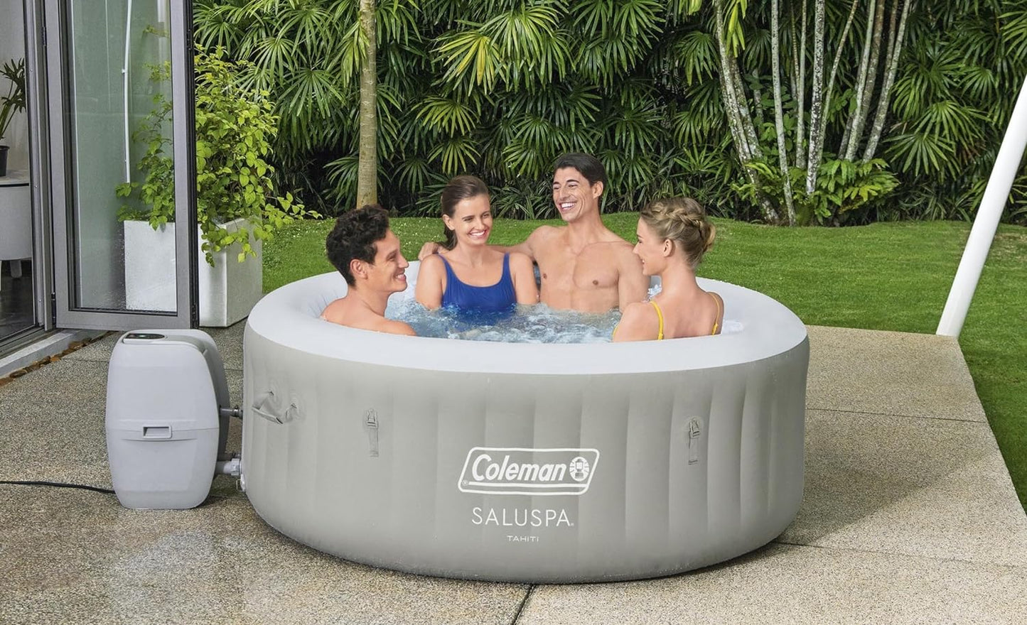 Coleman Tahiti EnergySense AirJet Inflatable Hot Tub Spa (71" x 26") | Portable Hot Tub with 2 Covers (1 Energy-Efficient Thermal Cover and 1 Standard Cover) | Fits Up to 2-4 Persons | Grey